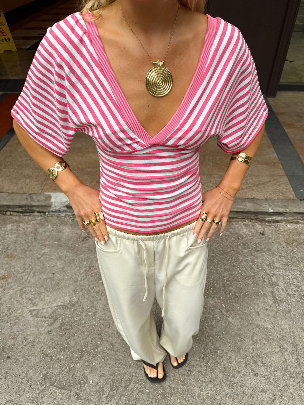 Scandivv bluse med striber - Pink/hvid