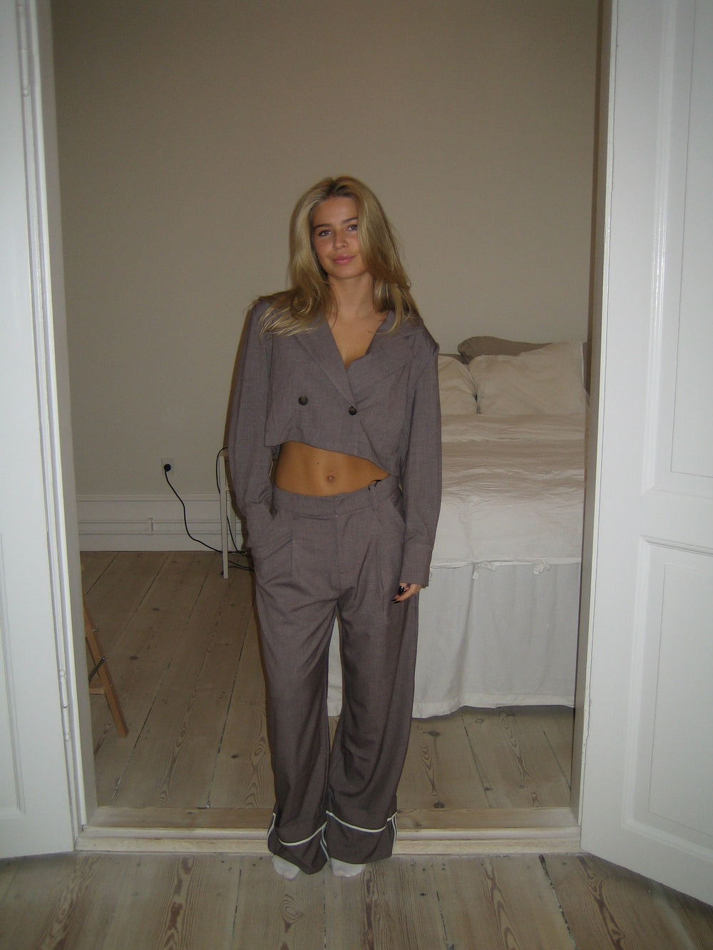 Katrine cropped blazer - Brun melange