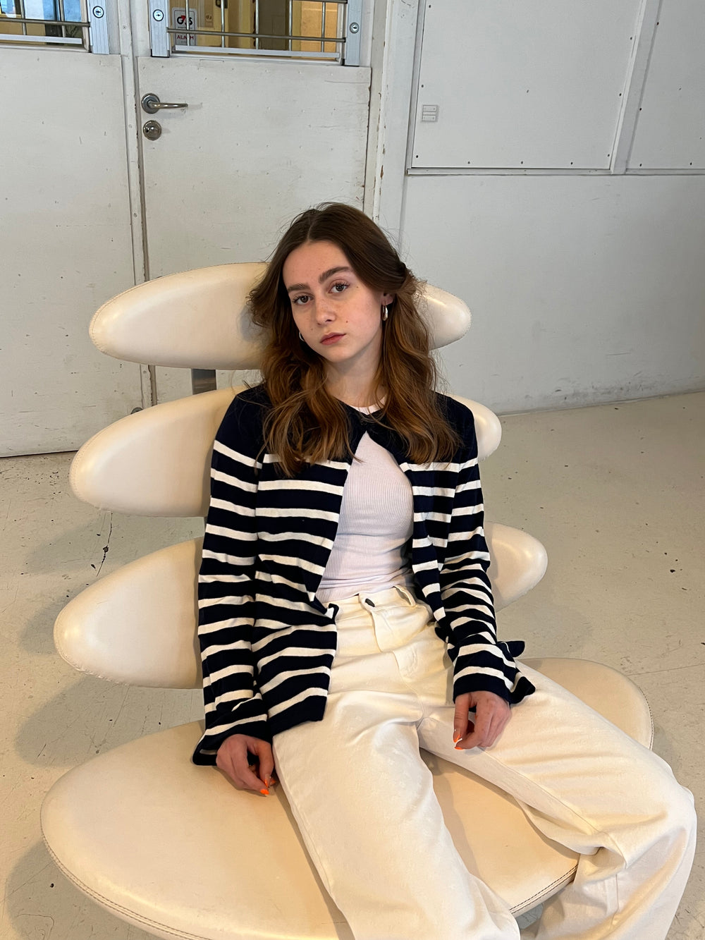 Xenia cardigan med striber - Navy/hvid