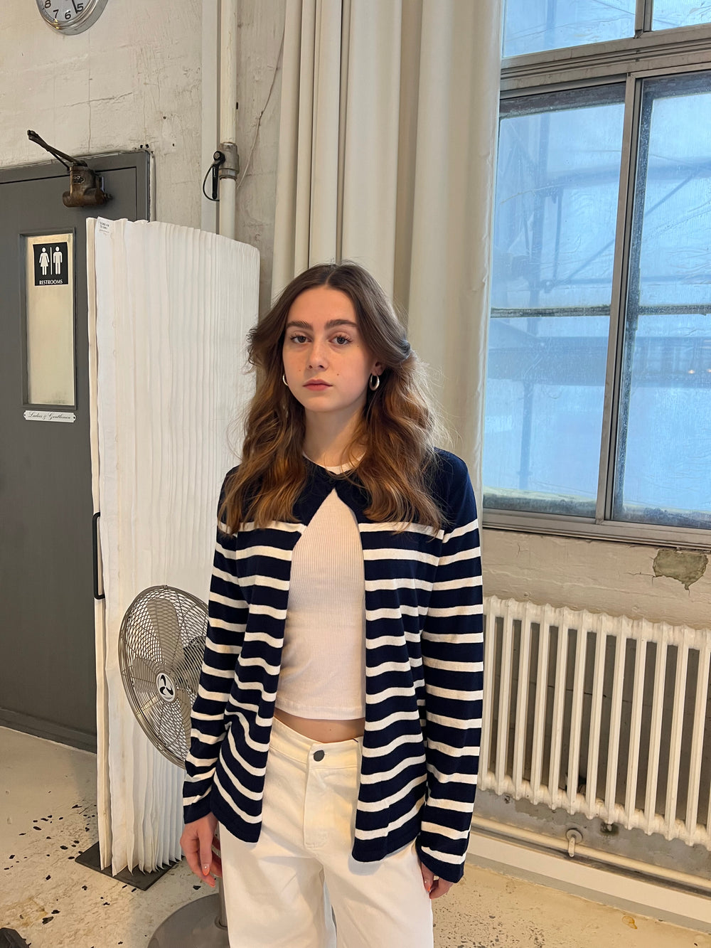 Xenia cardigan med striber - Navy/hvid