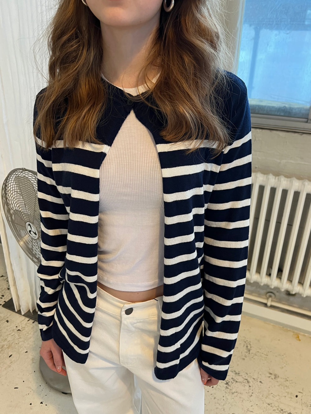 Xenia cardigan med striber - Navy/hvid