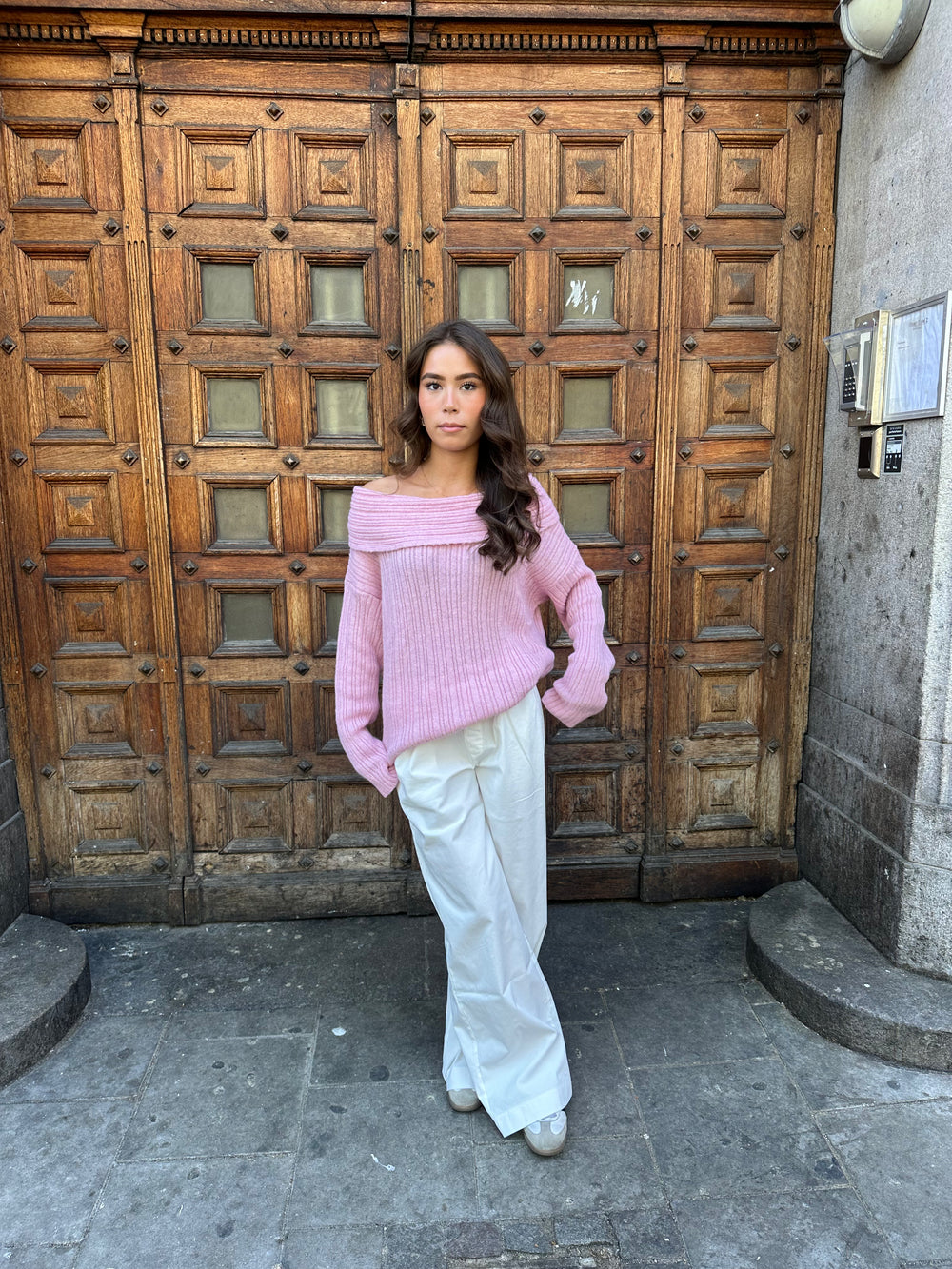 Elinor off shoulder strik - Lyserød