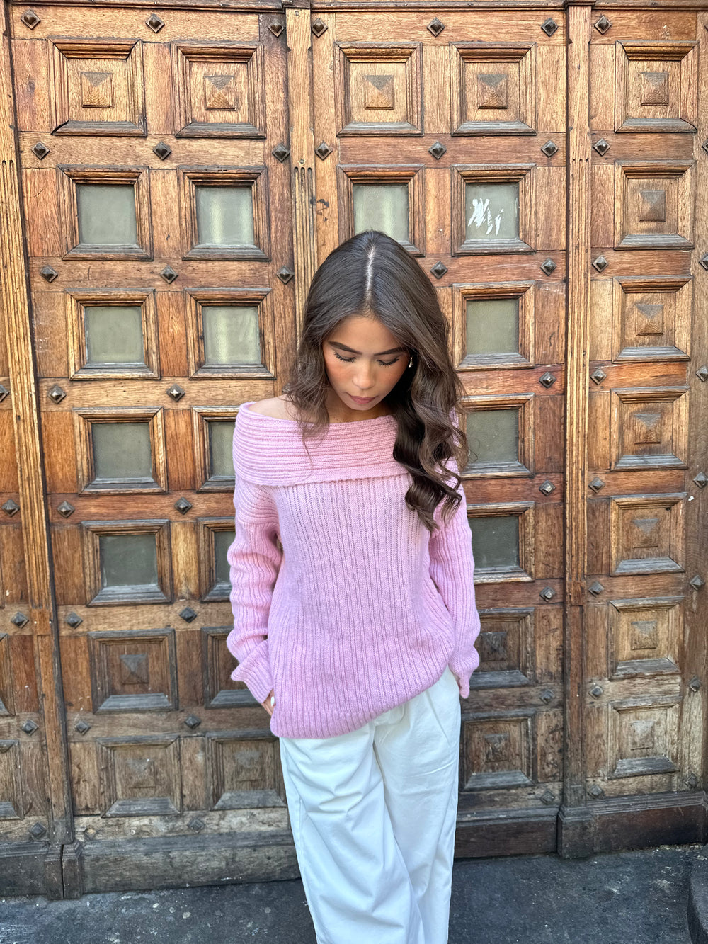 Elinor off shoulder strik - Lyserød