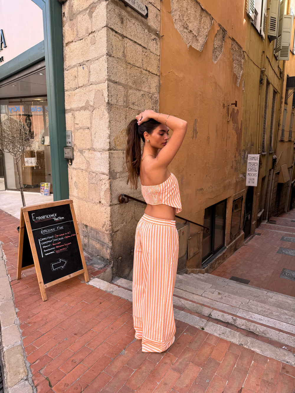 Aura stribet top - Orange/hvid