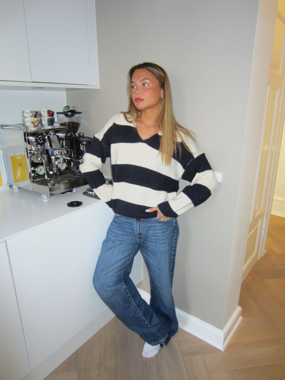 Margoth strikpolo med striber - Hvid/navy