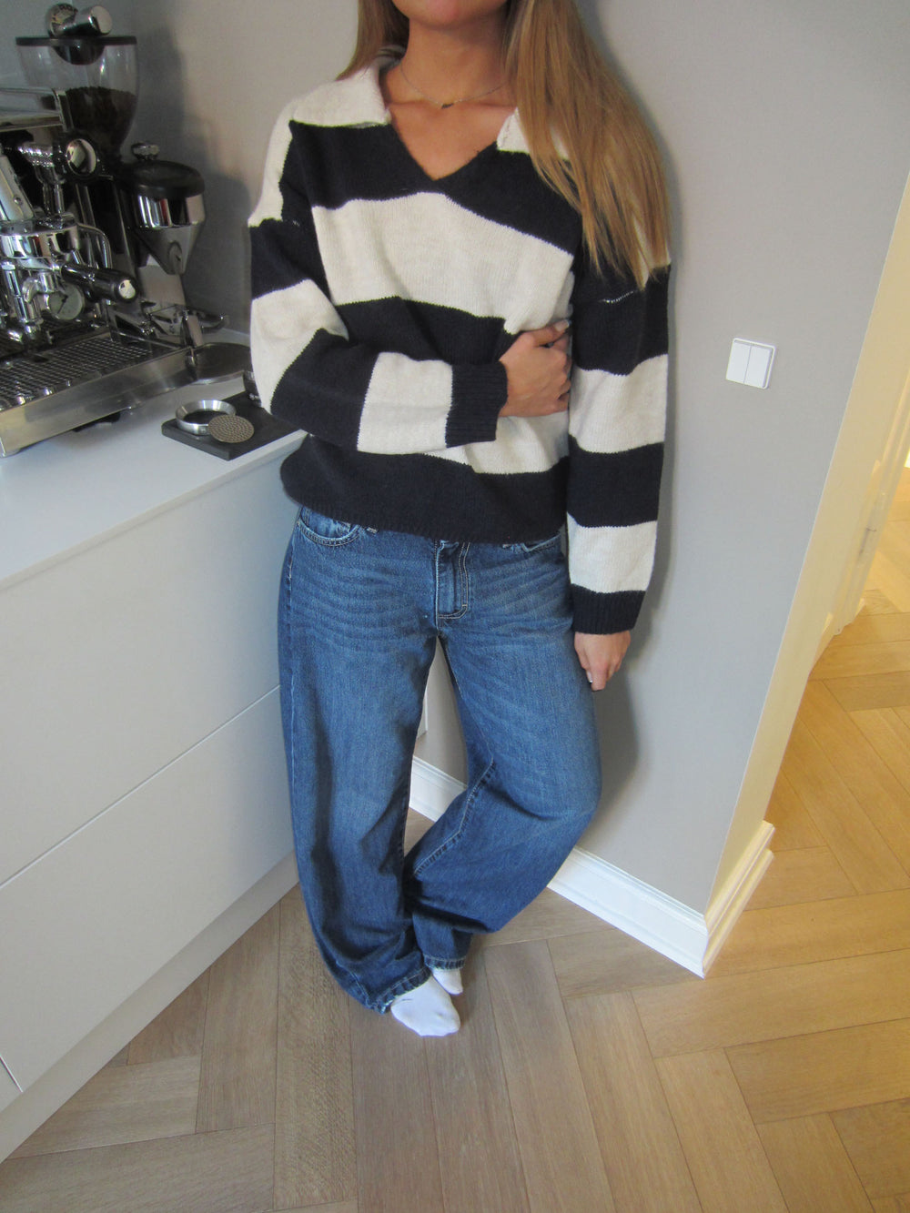 Margoth strikpolo med striber - Hvid/navy