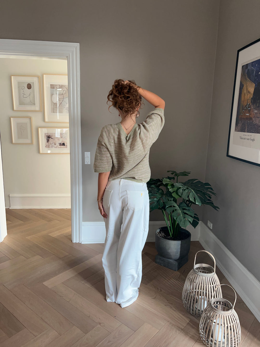 Almina strikket t-shirt med striber - Grøn/beige