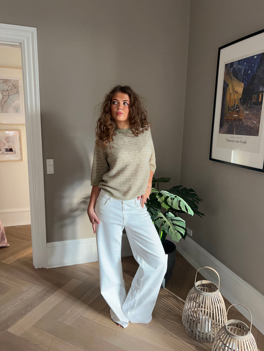 Almina strikket t-shirt med striber - Grøn/beige