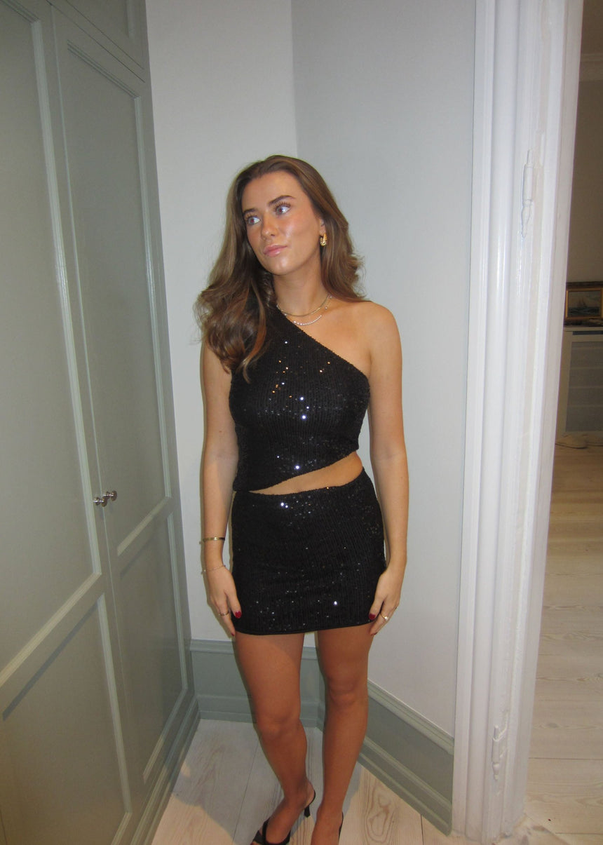 Jolie one shoulder top med pallietter - Sort