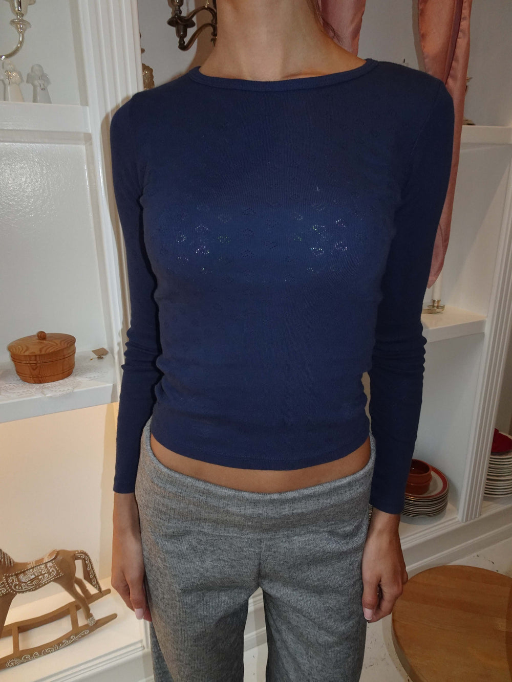 Amally langærmet bluse med broderede hjerter - Navy