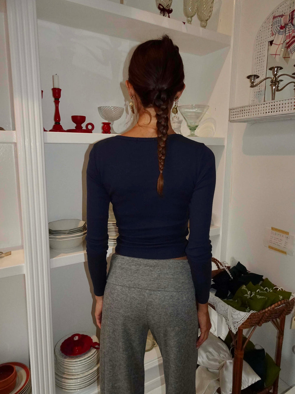 Amally langærmet bluse med broderede hjerter - Navy
