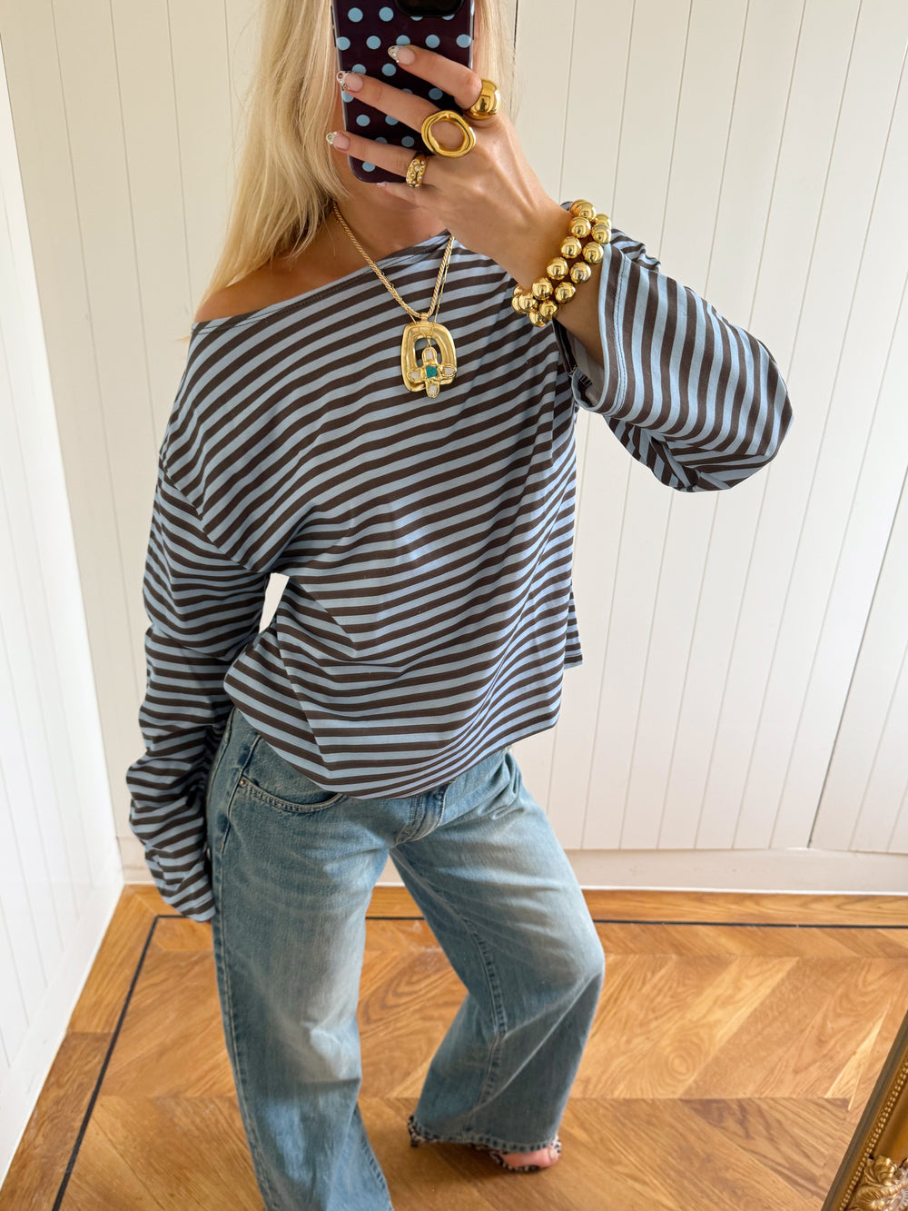 Scandivv bluse med striber - Blå/brun
