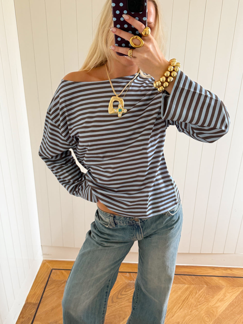 Scandivv bluse med striber - Blå/brun