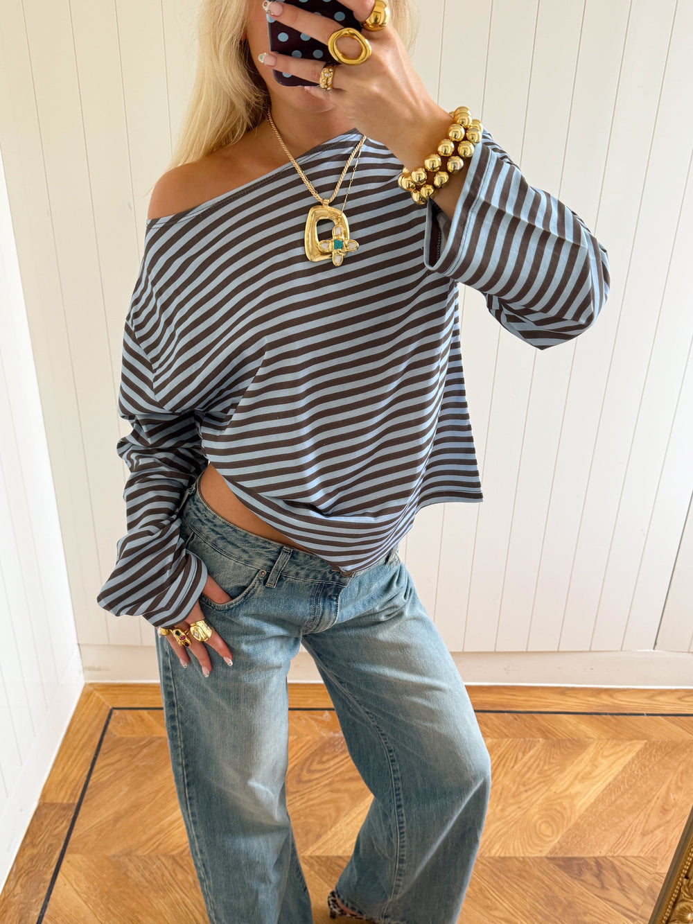 Scandivv bluse med striber - Blå/brun