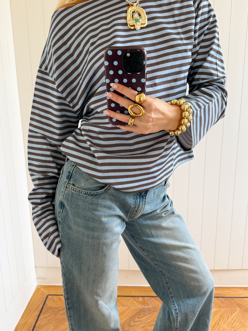 Scandivv bluse med striber - Blå/brun