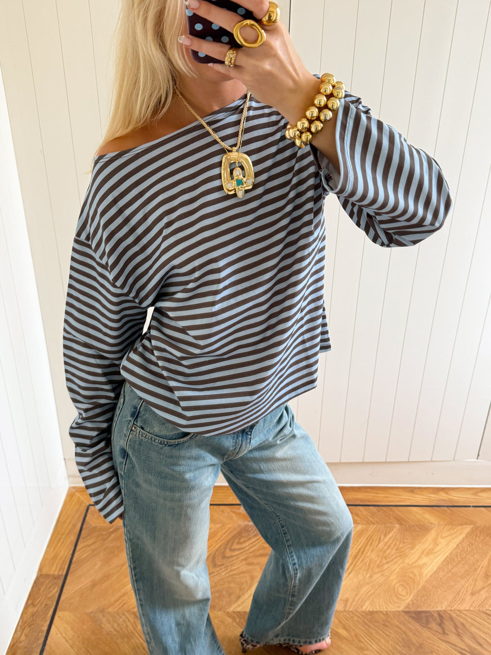Scandivv bluse med striber - Blå/brun
