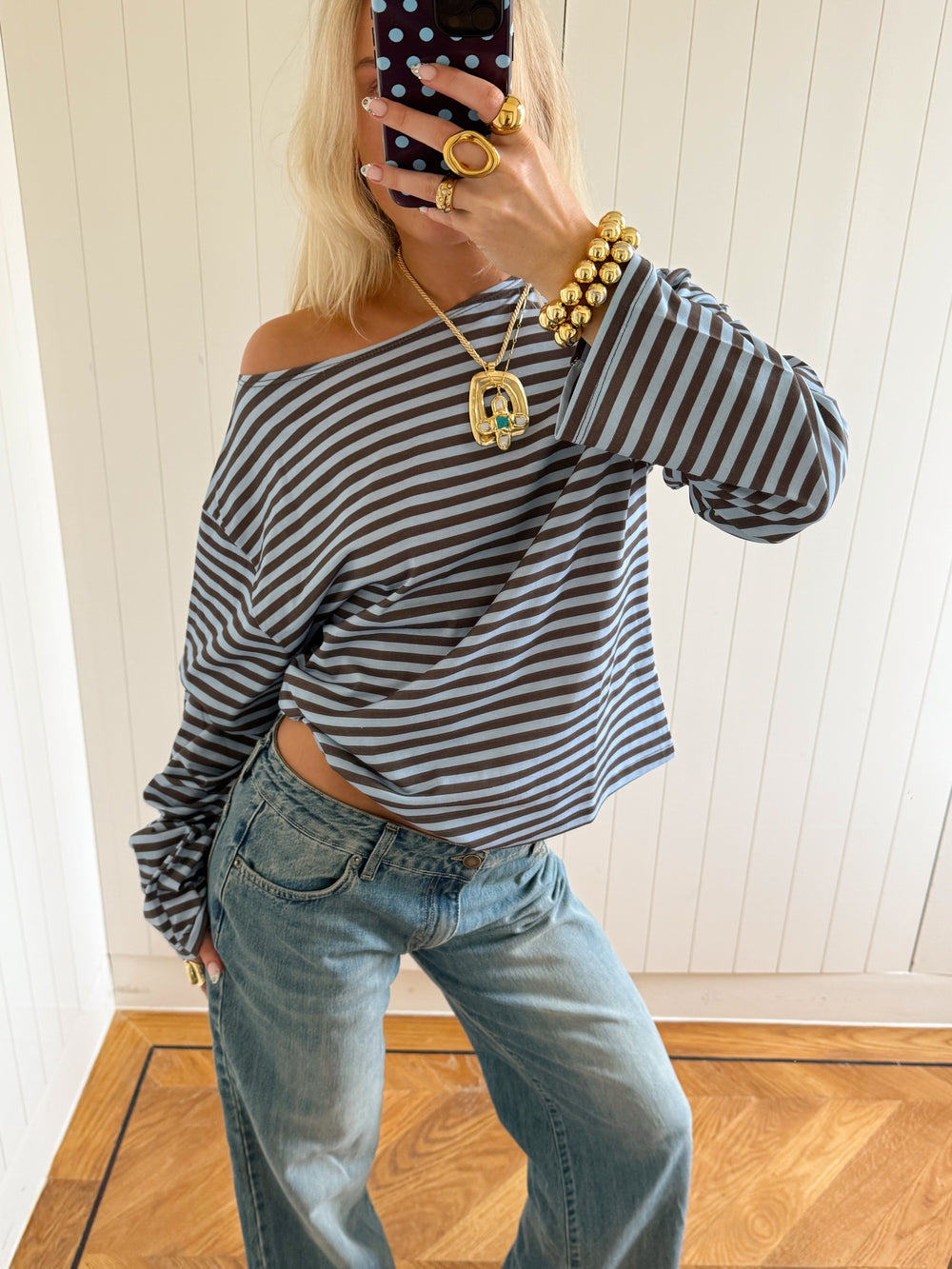 Scandivv bluse med striber - Blå/brun