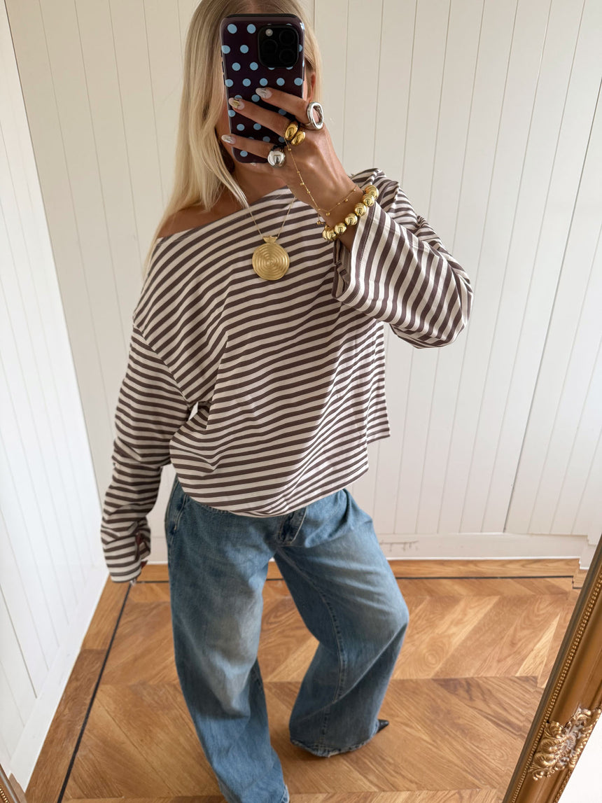 Scandivv bluse med striber - Taupe/hvid