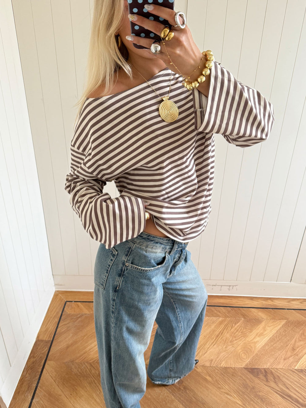 Scandivv bluse med striber - Taupe/hvid