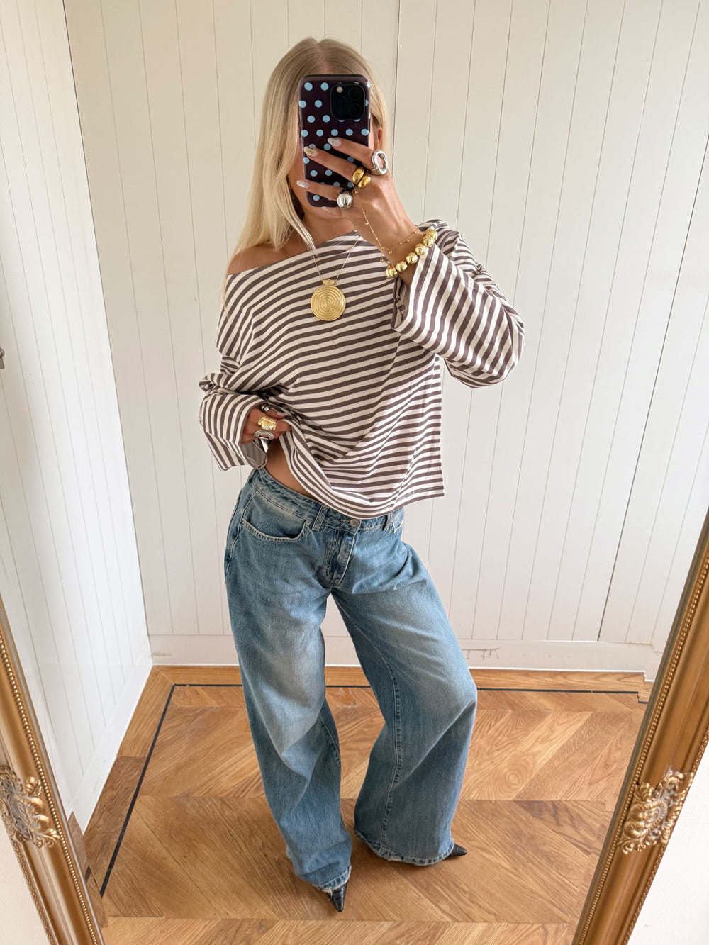 Scandivv bluse med striber - Taupe/hvid