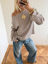 Scandivv bluse med striber - Taupe/hvid