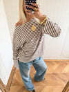 Scandivv bluse med striber - Taupe/hvid