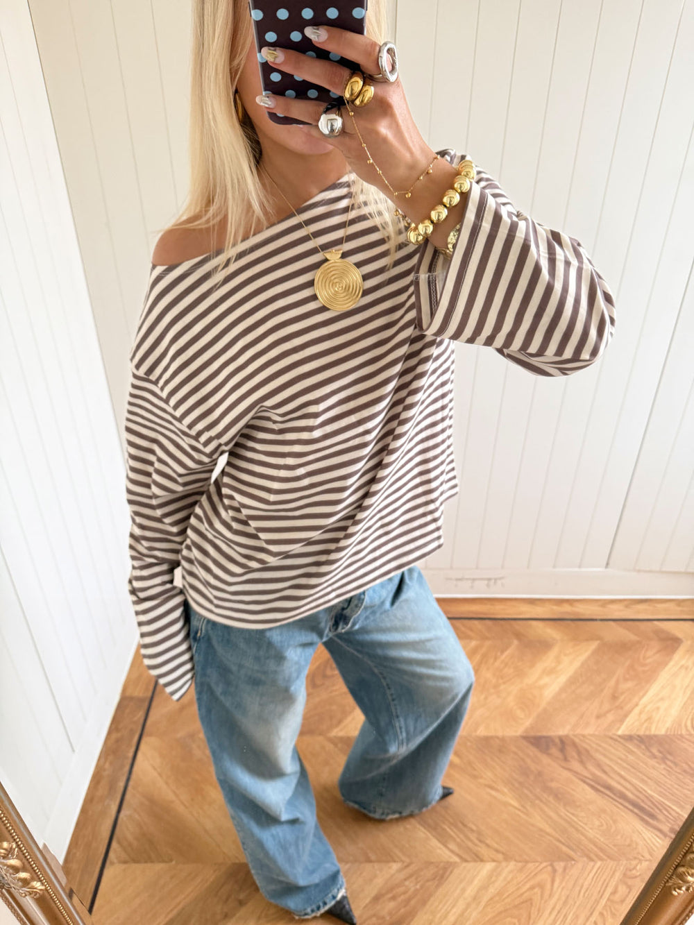 Scandivv bluse med striber - Taupe/hvid