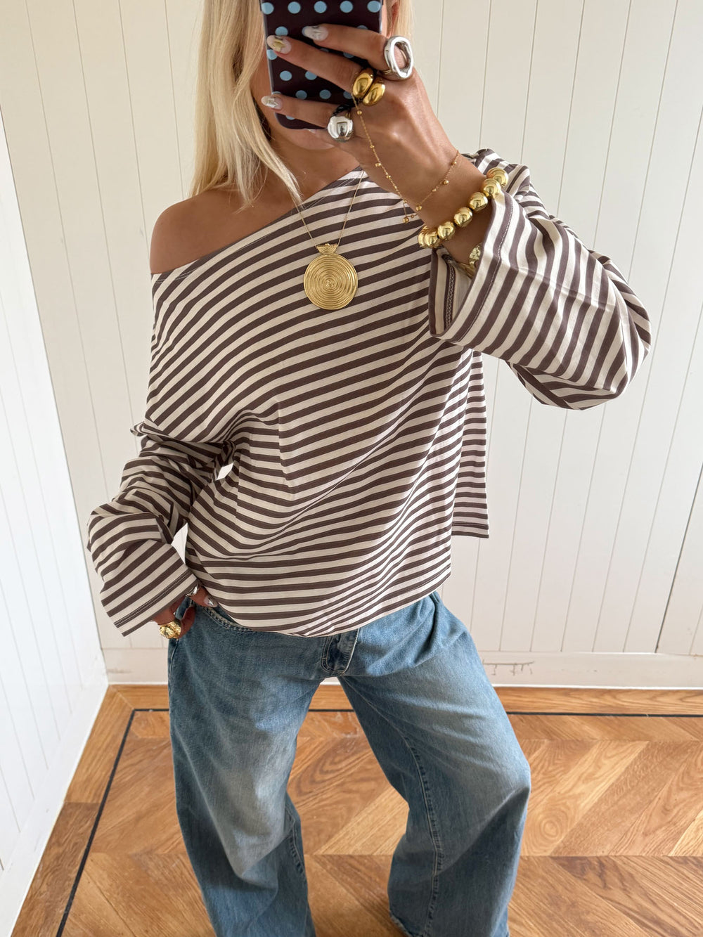 Scandivv bluse med striber - Taupe/hvid