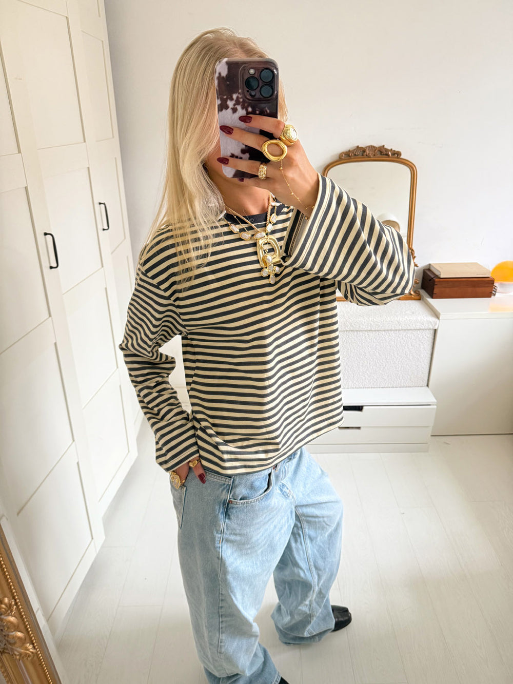 Lura bluse med striber - Gul/grå