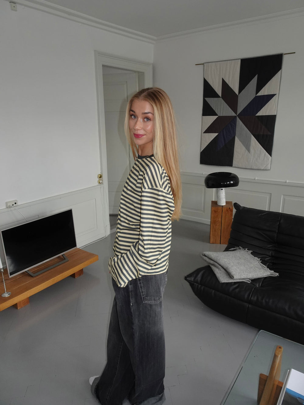 Lura bluse med striber - Gul/grå