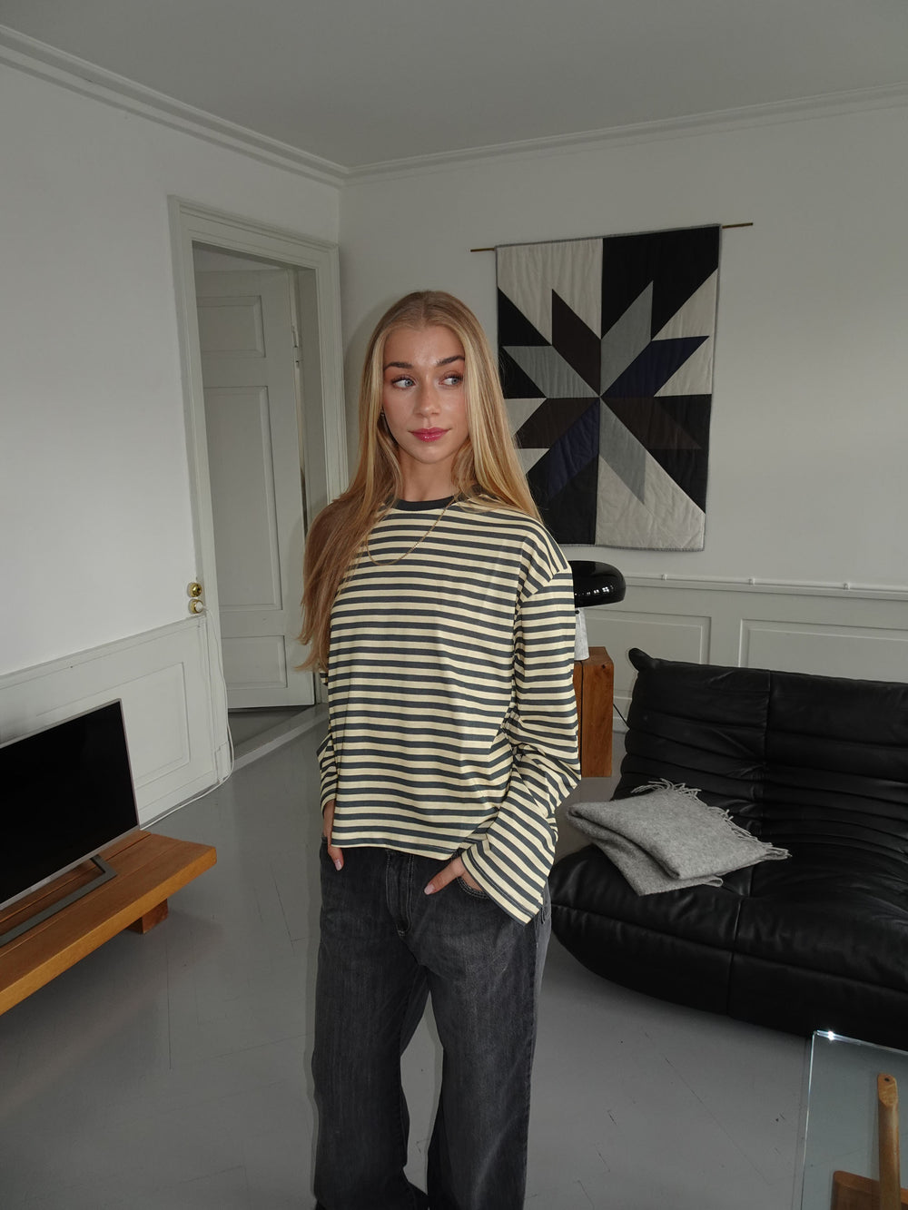 Lura bluse med striber - Gul/grå