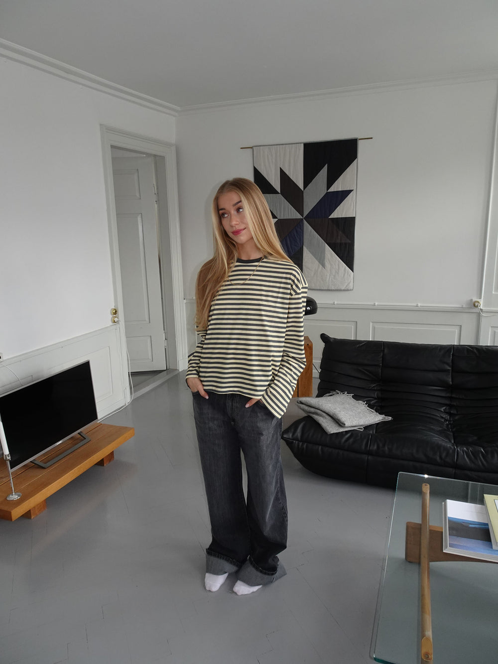 Lura bluse med striber - Gul/grå