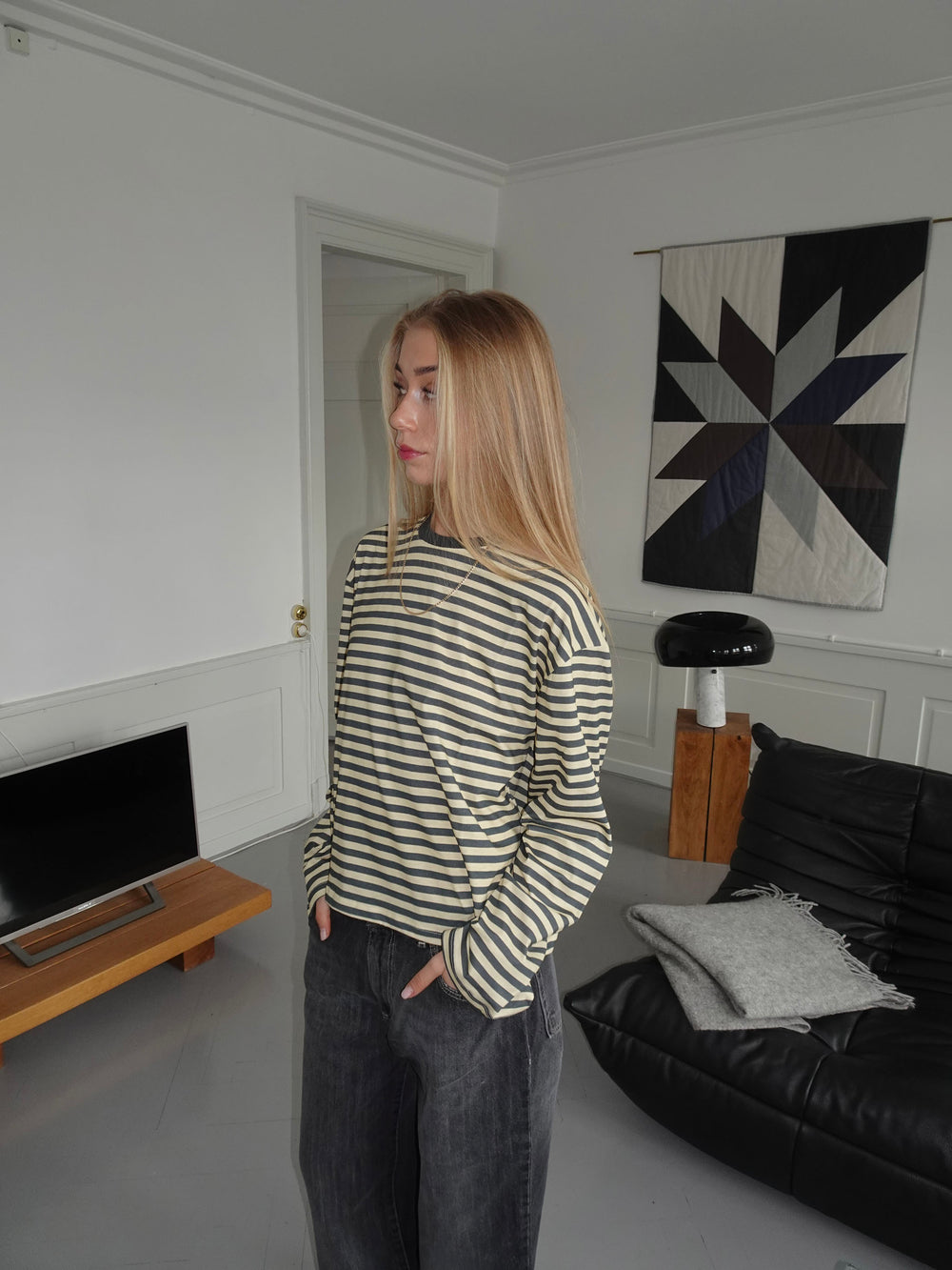 Lura bluse med striber - Gul/grå