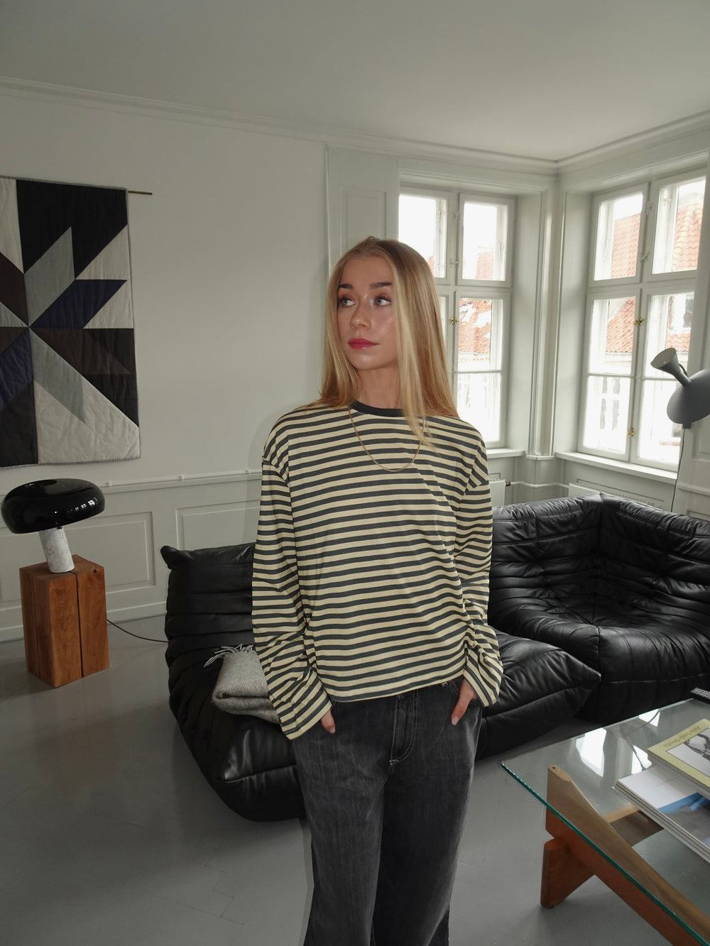 Lura bluse med striber - Gul/grå