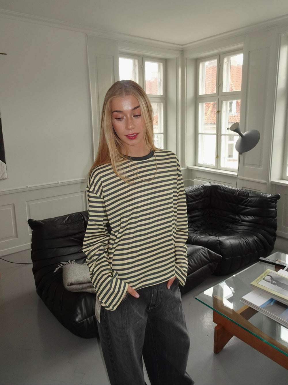 Lura bluse med striber - Gul/grå