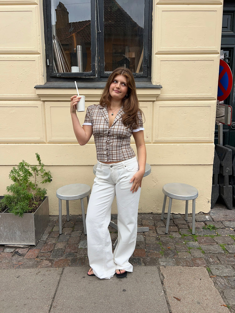Kassandra figursyet skjorte med tern - Lysebrun/hvid