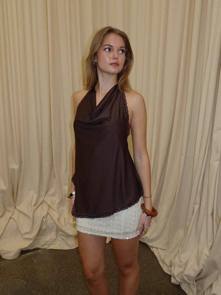 Laticha halterneck top med blonder - Brun