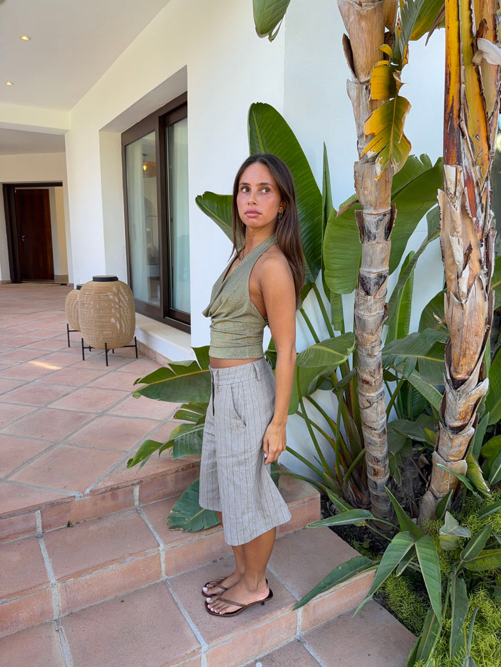 Martha halterneck top med glimmer - Kaki