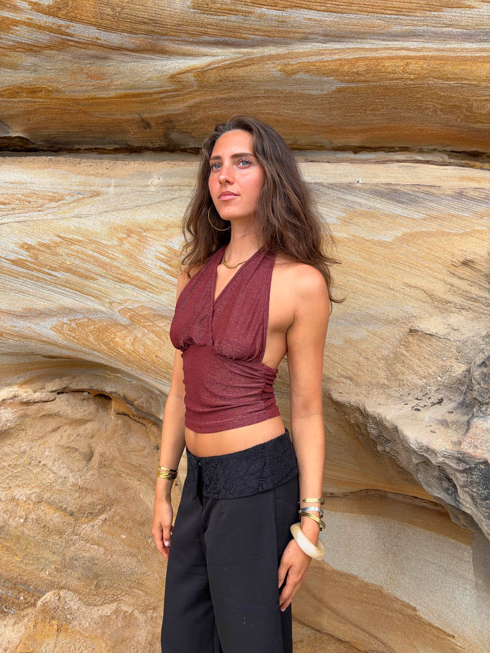Mira halternecktop med glimmer - Rust