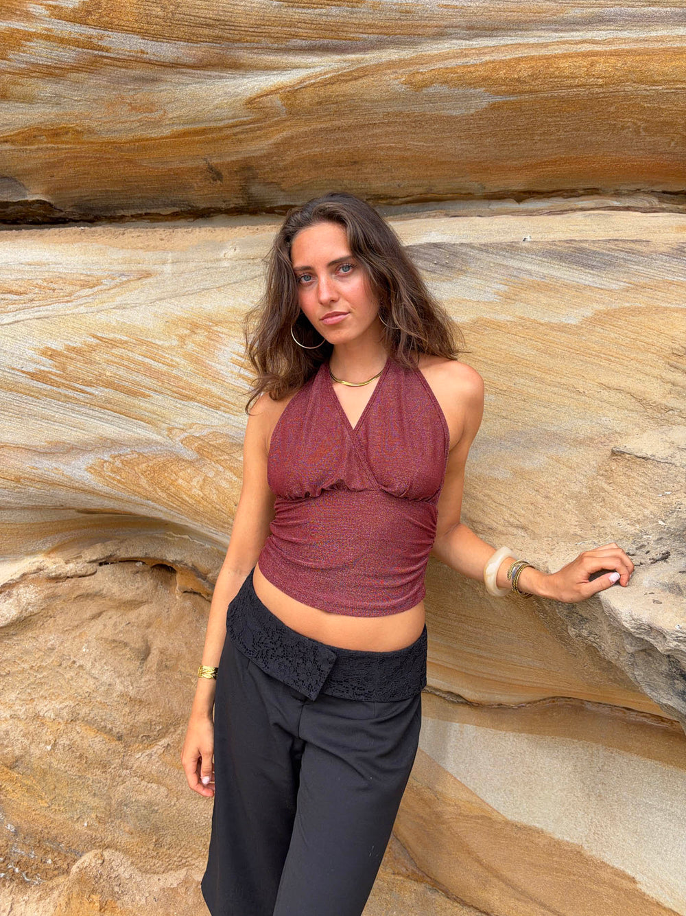 Mira halternecktop med glimmer - Rust