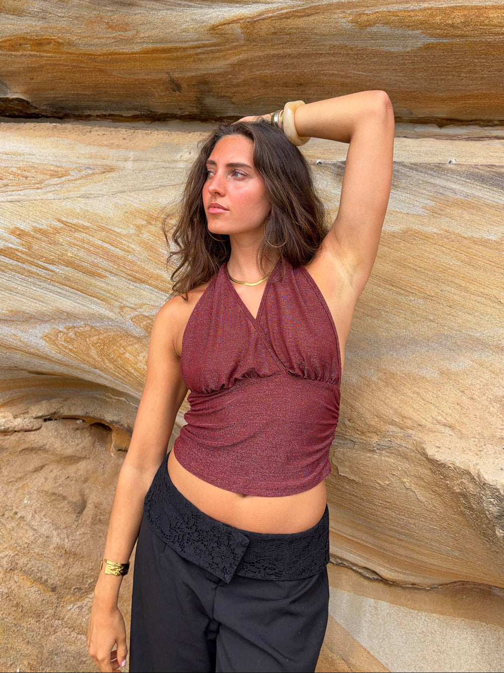 Mira halternecktop med glimmer - Rust