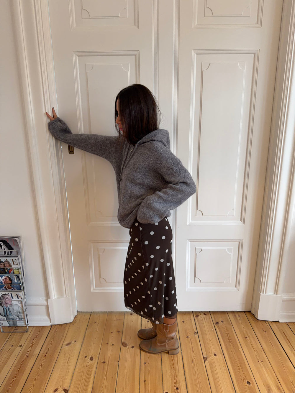 Gregina hoodie med zip i strik - Grå