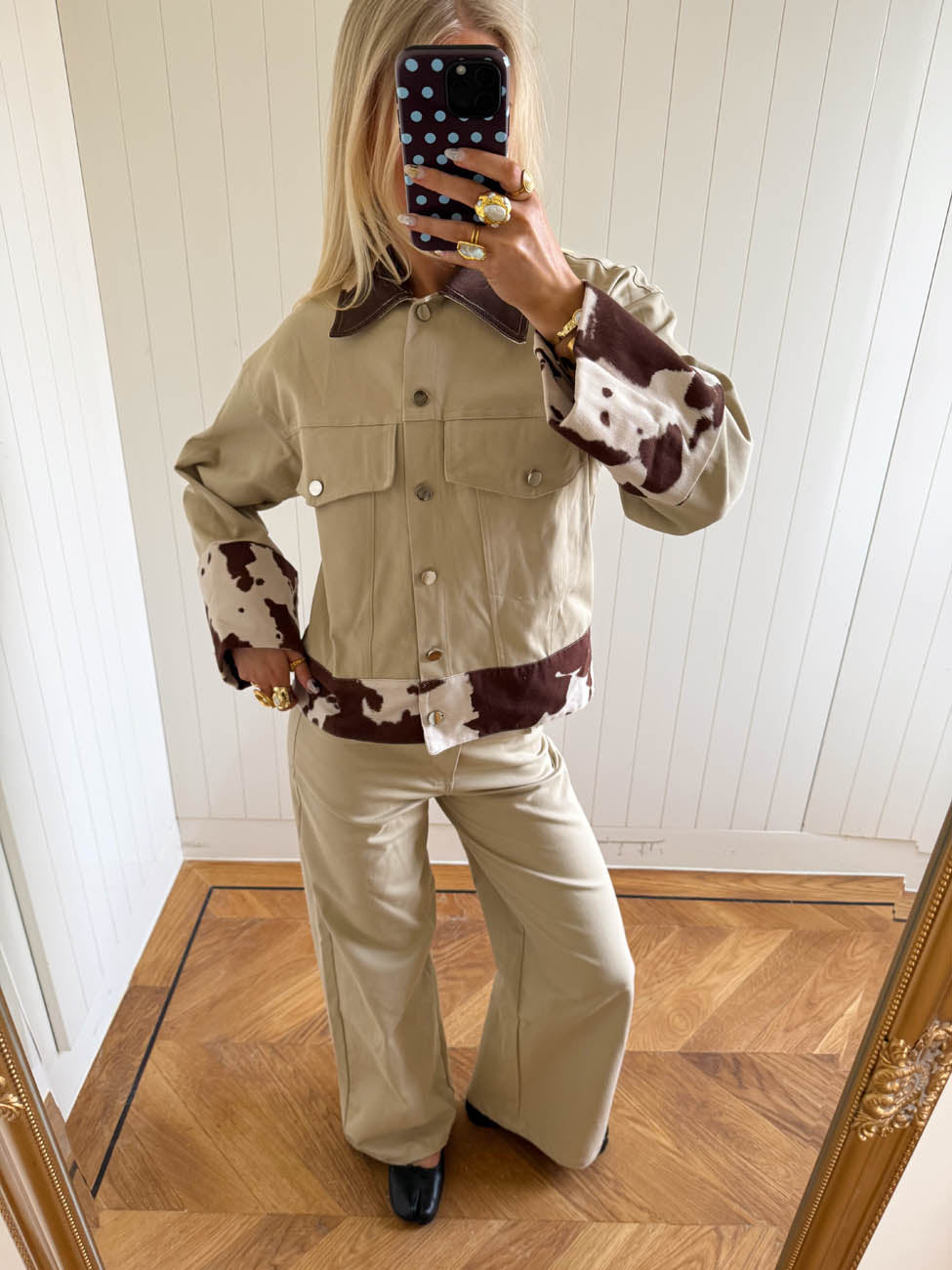 Scandivv denimjakke med koprint - Beige/brun/hvid