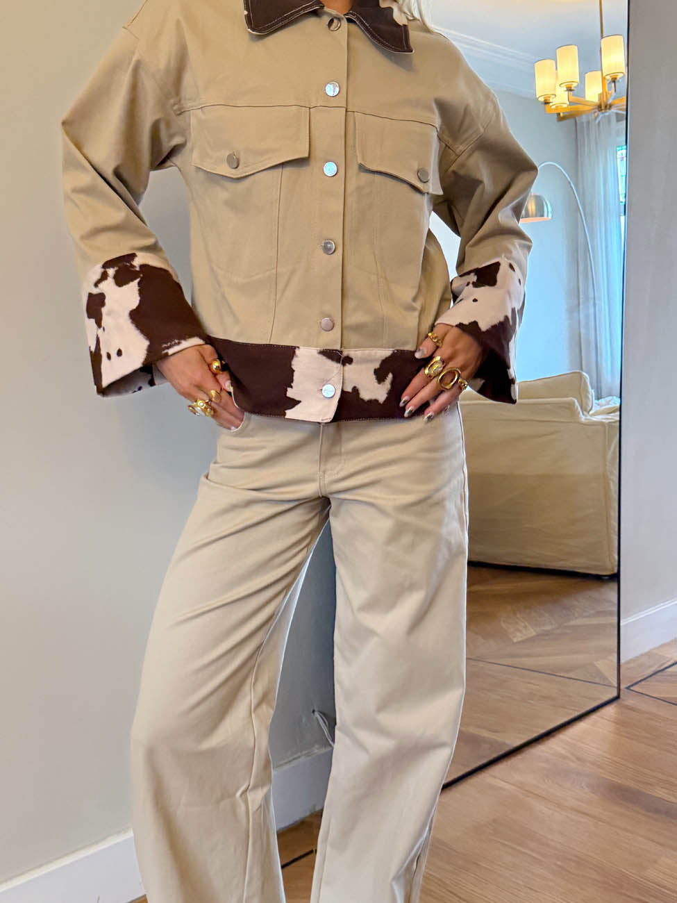 Scandivv denimjakke med koprint - Beige/brun/hvid