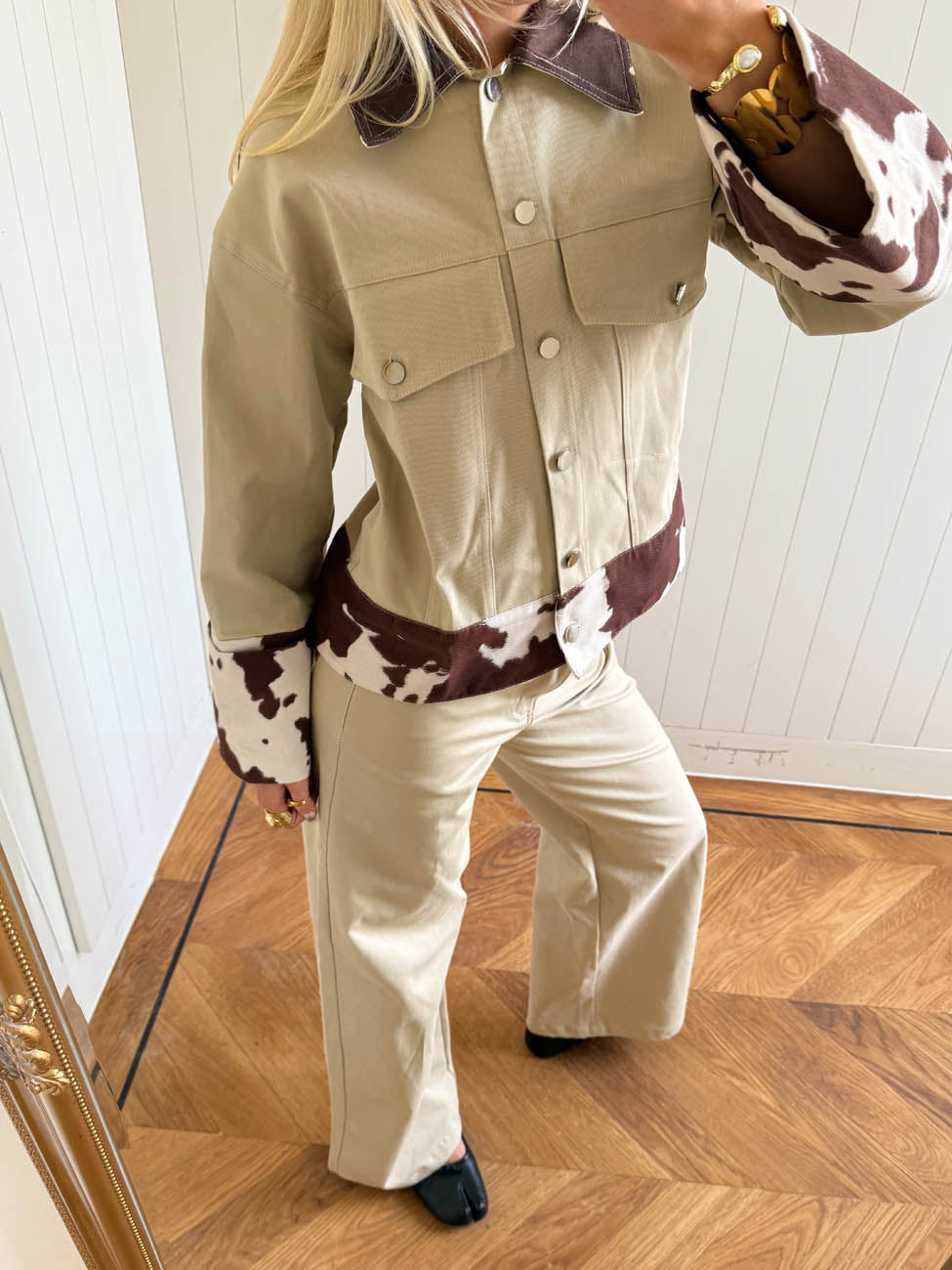 Scandivv denimjakke med koprint - Beige/brun/hvid