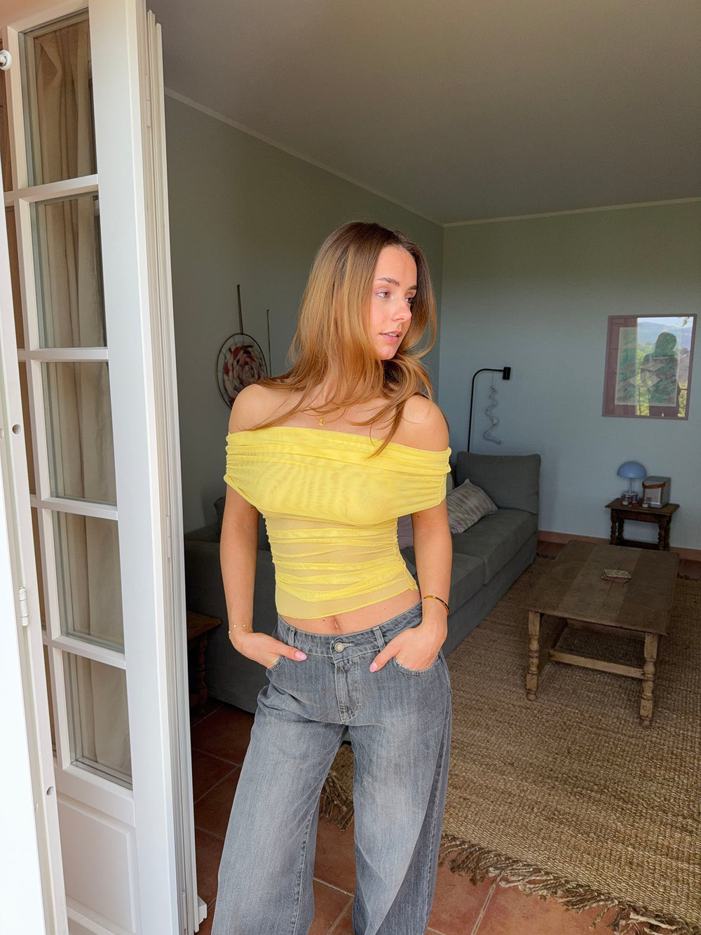 Victoire off shoulder top i mesh - Gul