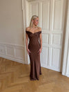 Andie off shoulder satinkjole - Brun