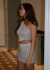 Jolie one shoulder top med pallietter - Beige/sølv