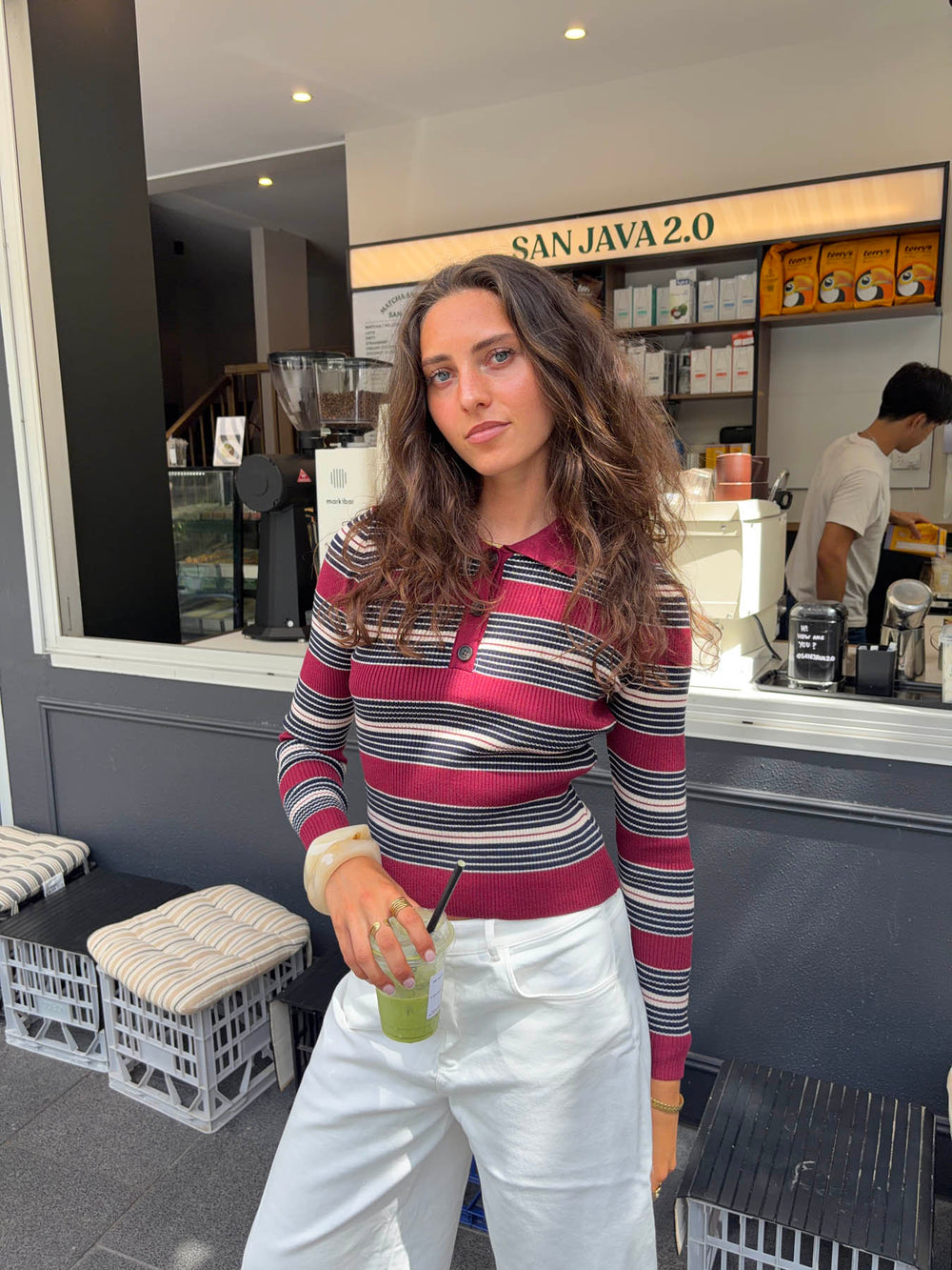 Tilina polo med striber - Rød/beige/navy