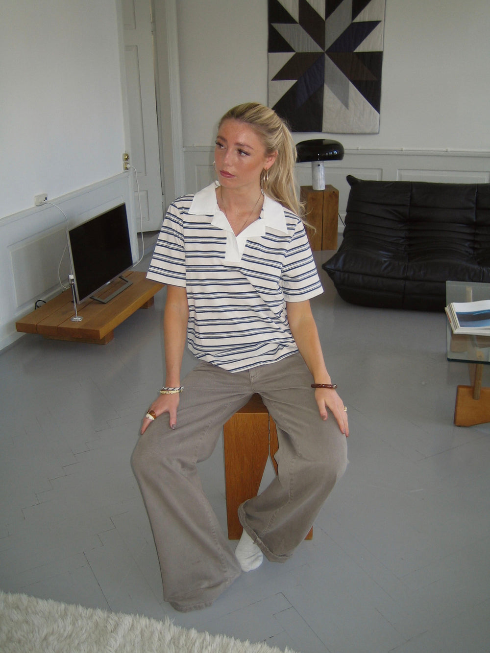 Line polo med striber - Hvid/beige/navy